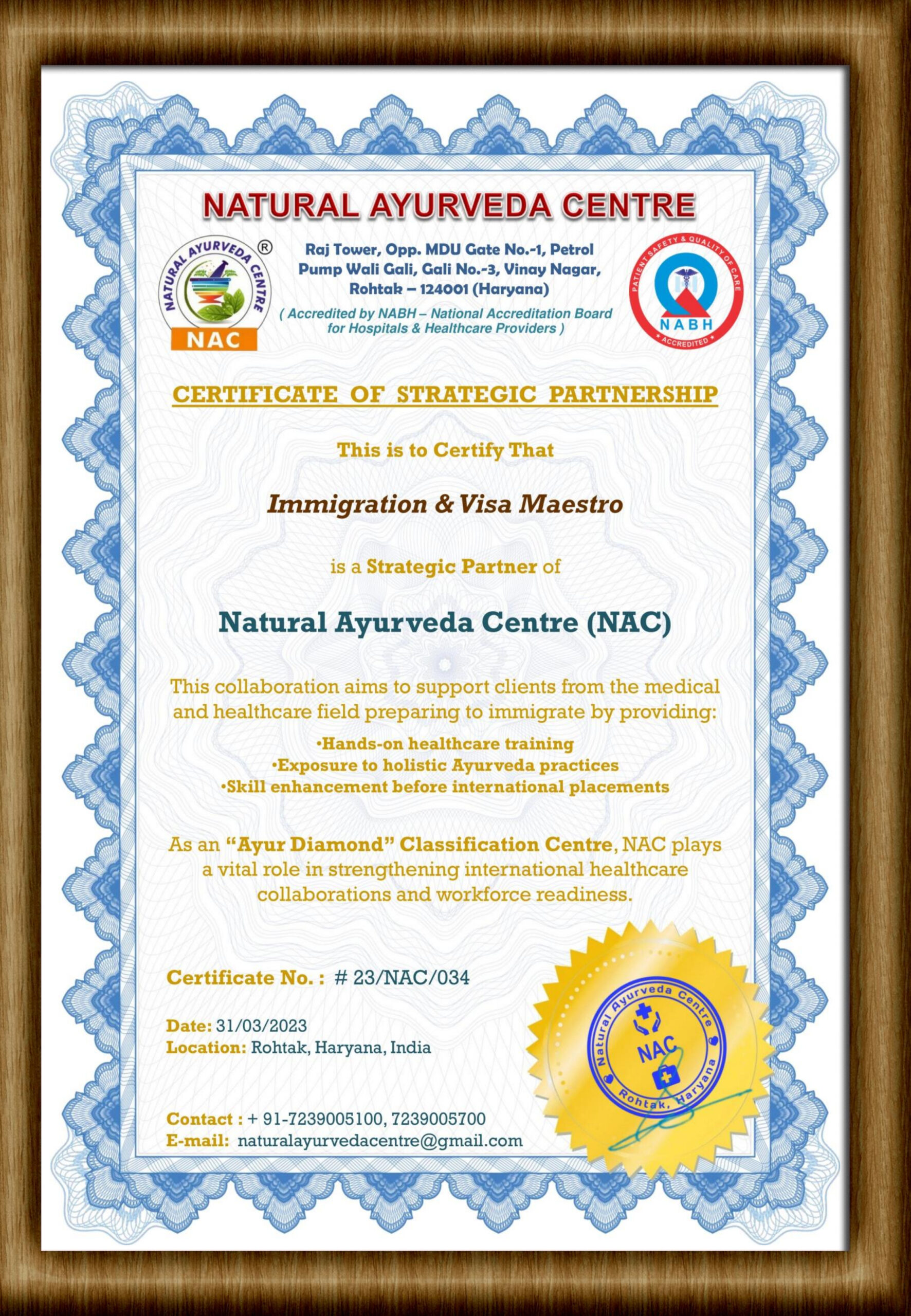 CERTIFICATE OF STRATEGIC PARTNERSHIP - Letter from NATURAL AYURVEDA CENTRE to IVM